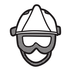black and white vector, standard safety helmet facing front with eye protection