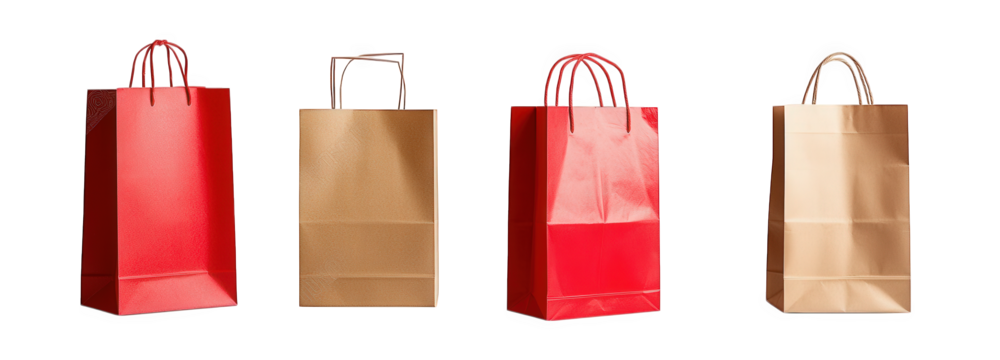 four shopping bags arranged in a row. showcasing a mix of red and brown colors these bags are typically used for retail purposes. ideal for carrying purchased items their simple design highlights func