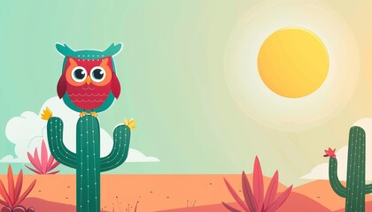 Obraz premium A cartoon owl perched on a tall cactus in a desert landscape under a bright sun.