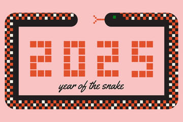 2025 year of the snake cool design for chinese new year celebration. Decorative template with snake and space for text in pixel style.