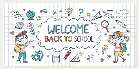 Fun and Engaging Welcome Back to School Web Banner Featuring Doodle Art on a Checkered Background