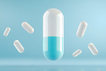 Close-up of a pill capsule on a blue background.