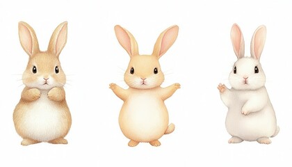 Fototapeta premium Three adorable cartoon rabbits standing together in a playful pose against a white background
