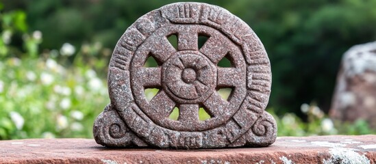 Dharmachakra stone carving, garden setting, blurred background, meditation