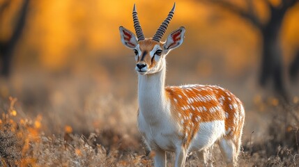 A beautiful gazelle with white and orange fur stands gracefully in an orange hued meadow
