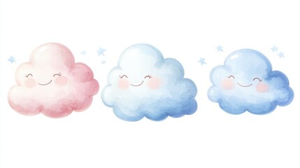 Cute Simple Illustration of Chubby Smiling Clouds with Soft Colors for Adorable Design Projects