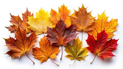Obraz premium Autumn Maple Leaves in Vibrant Hues Arranged on White Background