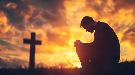Pensive Man Kneeling in Prayer Silhouette in Front of Cross at Sunset for Reflection and Faith : Generative AI