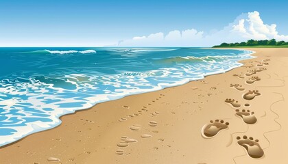 Obraz premium A picturesque beach scene with blue sky, white clouds, foamy waves lapping at the shore, and a sandy beach with footprints leading toward a lush green coastline.
