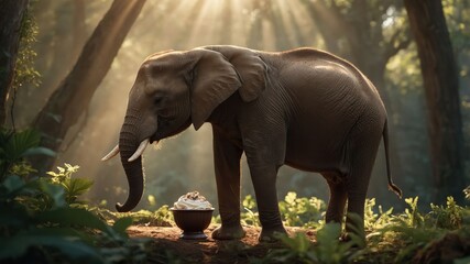 Fototapeta premium An elephant stands beside a bowl of ice cream in a sunlit forest.