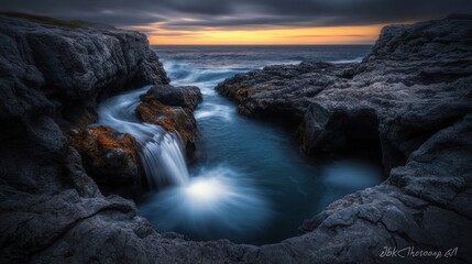 Obraz premium Coastal waterfall sunset dramatic ocean rocks pool