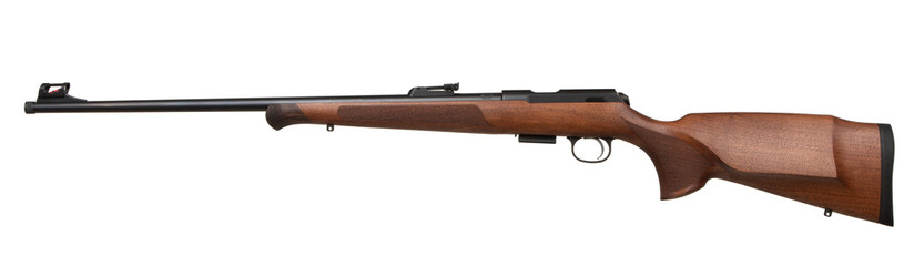 A .22lr caliber rifle with a wooden stock and black barrel, featuring a bolt-action mechanism and...