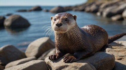 Obraz premium A playful otter resting on rocks by the water's edge, enjoying a sunny day.