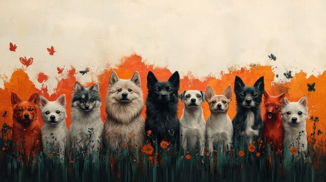 Autumnal Dog Portraits in Field, Fall Background, Pet Poster