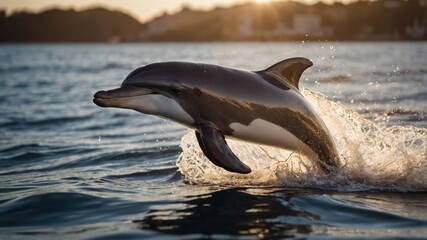 Fototapeta premium A dolphin gracefully leaps from the water during sunset, showcasing its agility and beauty.