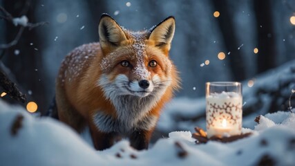 Fototapeta premium A fox stands in a snowy forest, next to a glowing candle, creating a serene winter scene.