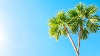 Two tall palm trees with large green leaves.