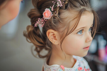 A woman sits in a salon chair while a stylist cuts her hair, generative ai