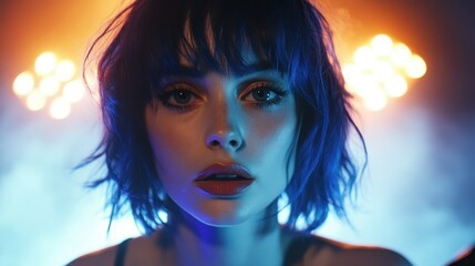 Obraz premium Close-Up of Female Singer with Striking Blue Hair Under Stage Lights