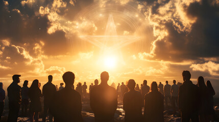 Fototapeta premium Silhouetted People Gathered at Sunset with Sunburst and Cloudscape : Generative AI