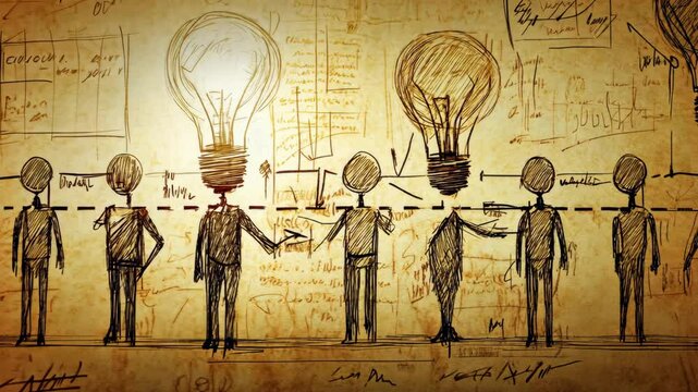 Creative collaboration among innovators visualized through light bulbs and sketches in an artistic environment