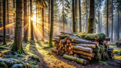 Fototapeta premium Golden sunrise beams illuminate a moss-covered woodpile nestled within a tranquil forest