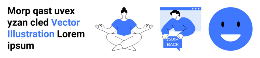 Text block, person meditating, person with cash back sign, blue happy face. Ideal for wellness, e-commerce, feedback, user interface, web design, email templates, social media graphics. Landing page