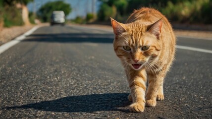 cat crying on road, cat wants to eat, hungry cat