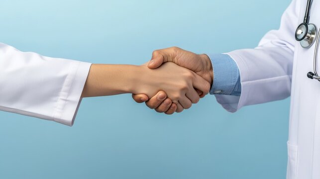 Professional Handshake Between Two Individuals in White Coats on Blue Background