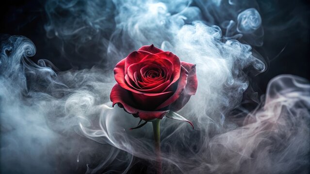 Elegant rose with subtle swirl of red smoke emerging from the center, suspended in a dark and mysterious atmosphere , fog, red smoke