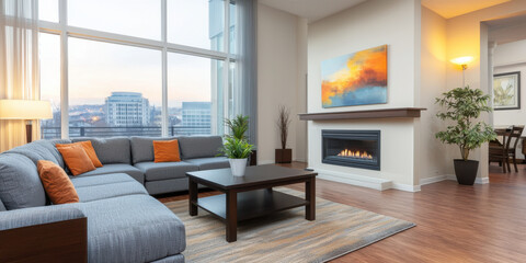 cozy lounge area with modern fireplace and city view