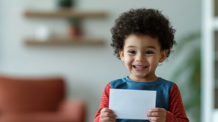 Fototapeta premium Smiling child holds a blank white card indoors, perfect for family, childhood, or educational concepts.