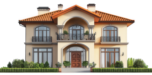 a large. elegant two-story house with a classic design. featuring arched balconies. multiple windows. and a prominent front door the exterior is adorned with decorative elements and surrounded by well