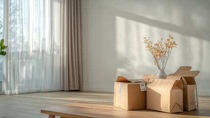 Cardboard boxes with broken seals on wooden table in bright room