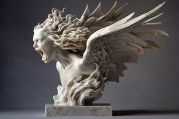 Terrible Harpy. Marble statue. Ancient Greek and Roman mythology. Horizontal image.