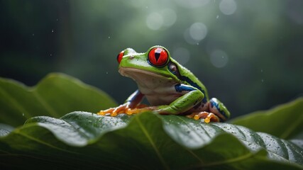 Fototapeta premium A vibrant red-eyed tree frog perched on a green leaf in a lush, rainy environment.