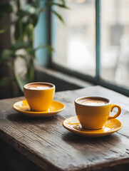 Cozy Café Setting with Two Yellow Coffee Cups on Wooden Table by Window : Generative AI