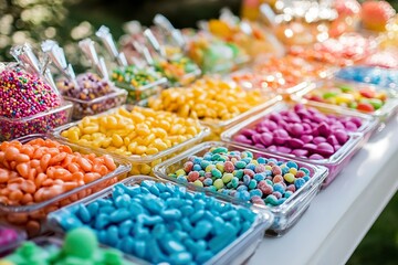 Delicious wedding reception candy bar dessert table with generative ai