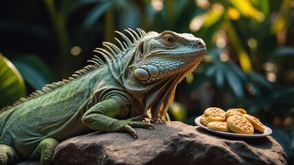 Fototapeta premium A green iguana rests on a rock beside a plate of cookies in a lush environment.