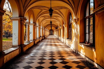 Obraz premium Elegant corridor with autumn light illuminating patterned tiles in a tranquil setting