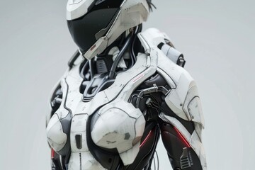 Close up of a female cyborg showcasing intricate details of her advanced powered armor, highlighting a blend of technology and strength