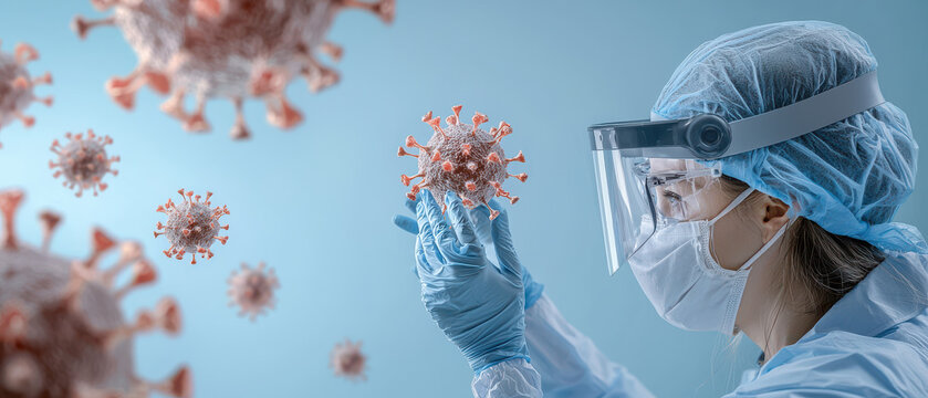 scientist examines holographic virus model with focus and precision - Powered by Adobe