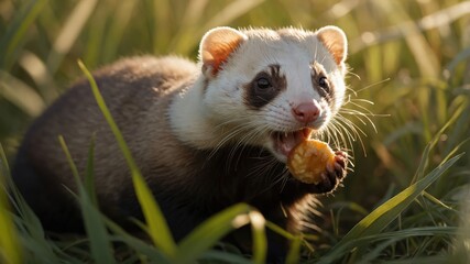 A small mammal with a distinctive face, enjoying a snack in a grassy environment.