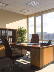 Modern Office with Spacious Desk and Natural Light Offering Professional and Productive Workplace : Generative AI
