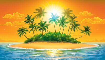 Obraz premium A tropical island with palm trees, a sandy beach, and a bright sun shining over the blue ocean.