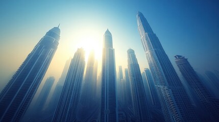 Fototapeta premium Sunrise Cityscape, Skyscrapers, Fog, Haze, Dubai