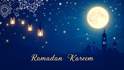 Naklejka premium Ramadan Kareem background banner. Islamic Greeting Cards for Muslim Holidays. Ramadan banner with moon and lantern.