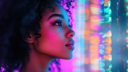 Woman with curly hair in neon lighting, pensive expression