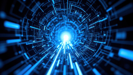 Futuristic digital tunnel with glowing blue light and abstract binary code patterns representing artificial intelligence and advanced technology.