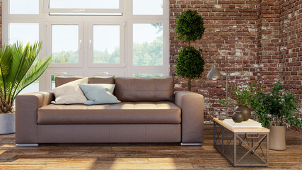 Fototapeta premium Large luxury modern bright interiors Living room mockup illustration 3D rendering image